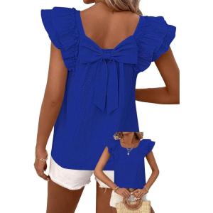 imageFalechay Womens Bow Tie Back Tops Round Neck Ruffle Short Sleeve Shirts Cute Babydoll Chiffon Tee Women Summer Trendy TunicRoyal Blue