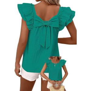 imageFalechay Womens Bow Tie Back Tops Round Neck Ruffle Short Sleeve Shirts Cute Babydoll Chiffon Tee Women Summer Trendy TunicTurquoise