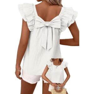 imageFalechay Womens Bow Tie Back Tops Round Neck Ruffle Short Sleeve Shirts Cute Babydoll Chiffon Tee Women Summer Trendy TunicWhite