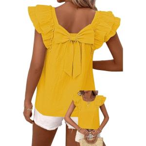 imageFalechay Womens Bow Tie Back Tops Round Neck Ruffle Short Sleeve Shirts Cute Babydoll Chiffon Tee Women Summer Trendy TunicYellow