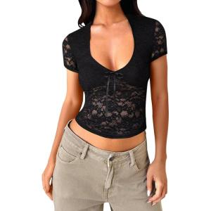 imageFalechay Womens Lace Long Sleeve Shirt Low Cut Y2K Slim Fit Top Bow Sexy Going Out Club Concert ClothesAblack