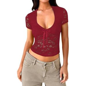 imageFalechay Womens Lace Long Sleeve Shirt Low Cut Y2K Slim Fit Top Bow Sexy Going Out Club Concert ClothesAburgundy