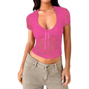 imageFalechay Womens Lace Long Sleeve Shirt Low Cut Y2K Slim Fit Top Bow Sexy Going Out Club Concert ClothesAhot Pink