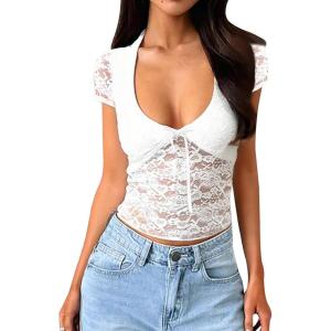 imageFalechay Womens Lace Long Sleeve Shirt Low Cut Y2K Slim Fit Top Bow Sexy Going Out Club Concert ClothesAwhite