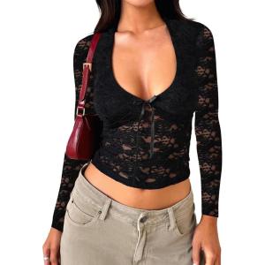 imageFalechay Womens Lace Long Sleeve Shirt Low Cut Y2K Slim Fit Top Bow Sexy Going Out Club Concert ClothesBlack