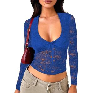 imageFalechay Womens Lace Long Sleeve Shirt Low Cut Y2K Slim Fit Top Bow Sexy Going Out Club Concert ClothesBlue