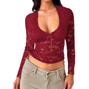 imageFalechay Womens Lace Long Sleeve Shirt Low Cut Y2K Slim Fit Top Bow Sexy Going Out Club Concert ClothesBurgundy