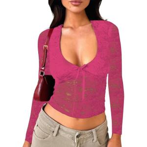 imageFalechay Womens Lace Long Sleeve Shirt Low Cut Y2K Slim Fit Top Bow Sexy Going Out Club Concert ClothesHot Pink