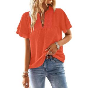 imageFalechay Womens Tops Butterfly Sleeve V Neck Blouses for Women Dressy Casual Flowy Swiss Dot Ruffle Short Sleeve ShirtsBright Orange