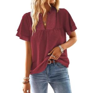 imageFalechay Womens Tops Butterfly Sleeve V Neck Blouses for Women Dressy Casual Flowy Swiss Dot Ruffle Short Sleeve ShirtsBurgundy