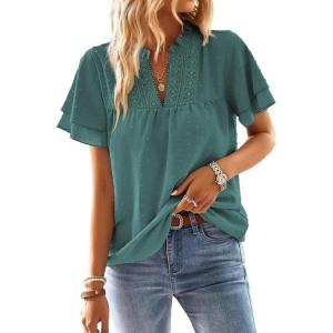 imageFalechay Womens Tops Butterfly Sleeve V Neck Blouses for Women Dressy Casual Flowy Swiss Dot Ruffle Short Sleeve ShirtsCyan