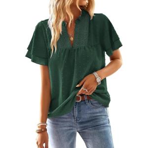 imageFalechay Womens Tops Butterfly Sleeve V Neck Blouses for Women Dressy Casual Flowy Swiss Dot Ruffle Short Sleeve ShirtsDark Green