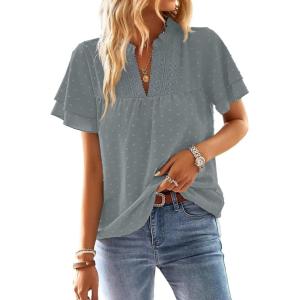 imageFalechay Womens Tops Butterfly Sleeve V Neck Blouses for Women Dressy Casual Flowy Swiss Dot Ruffle Short Sleeve ShirtsGraygreen