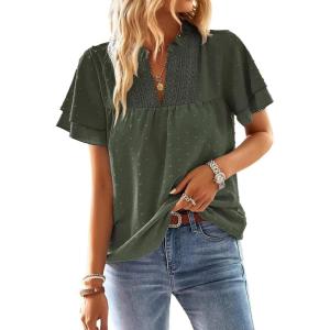 imageFalechay Womens Tops Butterfly Sleeve V Neck Blouses for Women Dressy Casual Flowy Swiss Dot Ruffle Short Sleeve ShirtsGreen