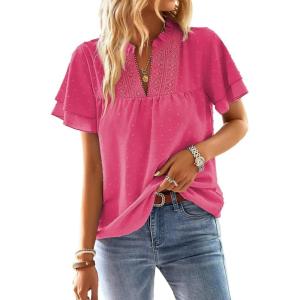 imageFalechay Womens Tops Butterfly Sleeve V Neck Blouses for Women Dressy Casual Flowy Swiss Dot Ruffle Short Sleeve ShirtsHot Pink