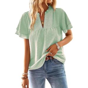 imageFalechay Womens Tops Butterfly Sleeve V Neck Blouses for Women Dressy Casual Flowy Swiss Dot Ruffle Short Sleeve ShirtsLight Green