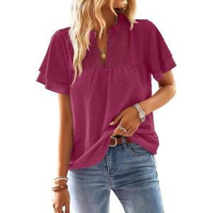 imageFalechay Womens Tops Butterfly Sleeve V Neck Blouses for Women Dressy Casual Flowy Swiss Dot Ruffle Short Sleeve ShirtsMagenta