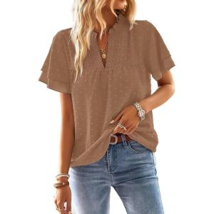 imageFalechay Womens Tops Butterfly Sleeve V Neck Blouses for Women Dressy Casual Flowy Swiss Dot Ruffle Short Sleeve ShirtsMocha