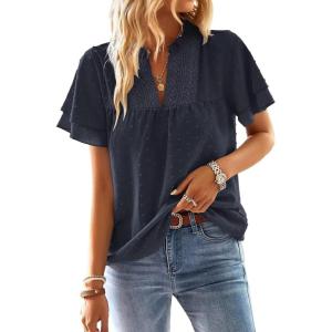 imageFalechay Womens Tops Butterfly Sleeve V Neck Blouses for Women Dressy Casual Flowy Swiss Dot Ruffle Short Sleeve ShirtsNavy Blue