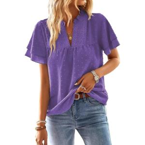 imageFalechay Womens Tops Butterfly Sleeve V Neck Blouses for Women Dressy Casual Flowy Swiss Dot Ruffle Short Sleeve ShirtsPurple