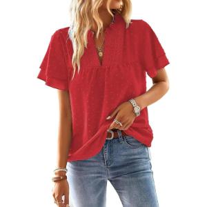 imageFalechay Womens Tops Butterfly Sleeve V Neck Blouses for Women Dressy Casual Flowy Swiss Dot Ruffle Short Sleeve ShirtsRed