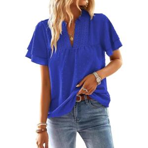 imageFalechay Womens Tops Butterfly Sleeve V Neck Blouses for Women Dressy Casual Flowy Swiss Dot Ruffle Short Sleeve ShirtsRoyal Blue