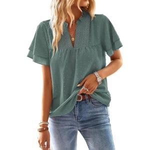 imageFalechay Womens Tops Butterfly Sleeve V Neck Blouses for Women Dressy Casual Flowy Swiss Dot Ruffle Short Sleeve ShirtsSage Green