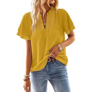 imageFalechay Womens Tops Butterfly Sleeve V Neck Blouses for Women Dressy Casual Flowy Swiss Dot Ruffle Short Sleeve ShirtsYellow