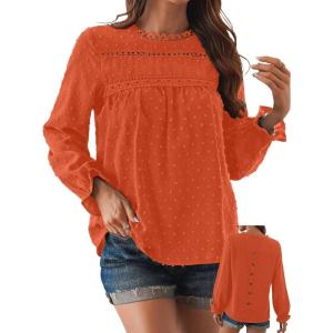 imageFalechay Womens Boho Tops Long Sleeve Shirts For Women Cute Crewneck Blouse Dressy Casual Swiss Dot Crochet Hollow Top 2026Bright Orange