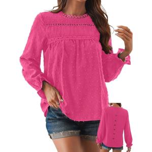 imageFalechay Womens Boho Tops Long Sleeve Shirts For Women Cute Crewneck Blouse Dressy Casual Swiss Dot Crochet Hollow Top 2026Hot Pink
