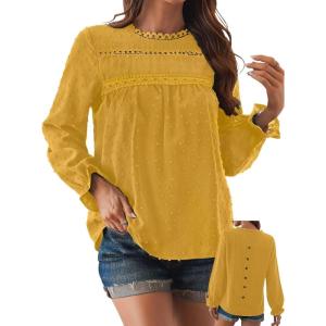 imageFalechay Womens Boho Tops Long Sleeve Shirts For Women Cute Crewneck Blouse Dressy Casual Swiss Dot Crochet Hollow Top 2026Yellow