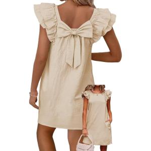 imageFalechay Womens Summer Dresses Bow Tie Back Sundresses for Women Ruffle Short Sleeve Dress Casual Cute Sundress with PocketsApricot