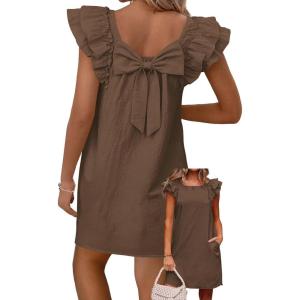 imageFalechay Womens Summer Dresses Bow Tie Back Sundresses for Women Ruffle Short Sleeve Dress Casual Cute Sundress with PocketsBrown