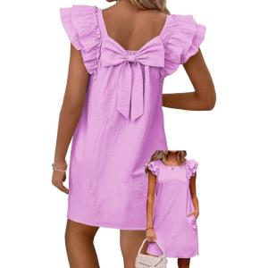 imageFalechay Womens Summer Dresses Bow Tie Back Sundresses for Women Ruffle Short Sleeve Dress Casual Cute Sundress with PocketsMauve Purple