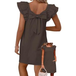 imageFalechay Womens Summer Dresses Bow Tie Back Sundresses for Women Ruffle Short Sleeve Dress Casual Cute Sundress with PocketsMocha