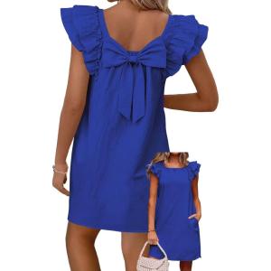 imageFalechay Womens Summer Dresses Bow Tie Back Sundresses for Women Ruffle Short Sleeve Dress Casual Cute Sundress with PocketsRoyal Blue