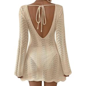 imageFalechay Womens Swimsuit Cover Up Long Sleeve Crochet Bathing Suit Mesh Backless Cover Ups Summer Beach Vacation Outfits 2026Apricot
