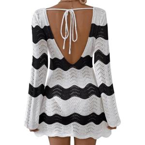 imageFalechay Womens Swimsuit Cover Up Long Sleeve Crochet Bathing Suit Mesh Backless Cover Ups Summer Beach Vacation Outfits 2026Black White Stripe