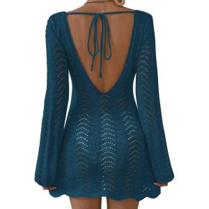 imageFalechay Womens Swimsuit Cover Up Long Sleeve Crochet Bathing Suit Mesh Backless Cover Ups Summer Beach Vacation Outfits 2026Cyan