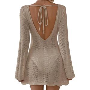 imageFalechay Womens Swimsuit Cover Up Long Sleeve Crochet Bathing Suit Mesh Backless Cover Ups Summer Beach Vacation Outfits 2026Khaki