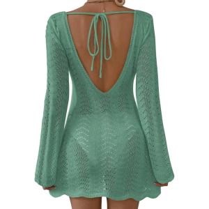 imageFalechay Womens Swimsuit Cover Up Long Sleeve Crochet Bathing Suit Mesh Backless Cover Ups Summer Beach Vacation Outfits 2026Light Green