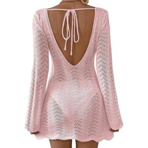 imageFalechay Womens Swimsuit Cover Up Long Sleeve Crochet Bathing Suit Mesh Backless Cover Ups Summer Beach Vacation Outfits 2026Pink