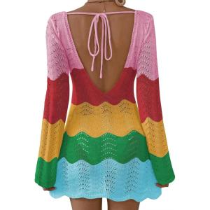 imageFalechay Womens Swimsuit Cover Up Long Sleeve Crochet Bathing Suit Mesh Backless Cover Ups Summer Beach Vacation Outfits 2026Rainbow Stripe
