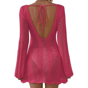 imageFalechay Womens Swimsuit Cover Up Long Sleeve Crochet Bathing Suit Mesh Backless Cover Ups Summer Beach Vacation Outfits 2026Rose