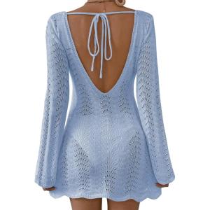 imageFalechay Womens Swimsuit Cover Up Long Sleeve Crochet Bathing Suit Mesh Backless Cover Ups Summer Beach Vacation Outfits 2026Sky Blue