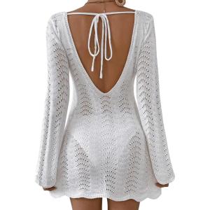 imageFalechay Womens Swimsuit Cover Up Long Sleeve Crochet Bathing Suit Mesh Backless Cover Ups Summer Beach Vacation Outfits 2026White