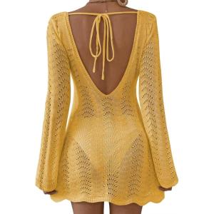 imageFalechay Womens Swimsuit Cover Up Long Sleeve Crochet Bathing Suit Mesh Backless Cover Ups Summer Beach Vacation Outfits 2026Yellow
