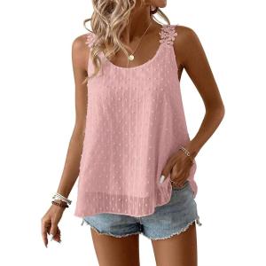 imageWomens Tank Tops Flowy Sleeveless Summer Boho Tank Top for Women Casual Crewneck Strap Lace Camisole ShirtsPink