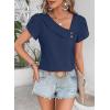 imageFalechay Blouses for Women Dressy Casual Petal Sleeve V Neck Asymmetric Collar Summer Tops Business Work Shirts with ButtonsNavy Blue