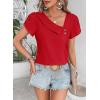 imageFalechay Blouses for Women Dressy Casual Petal Sleeve V Neck Asymmetric Collar Summer Tops Business Work Shirts with ButtonsRed1
